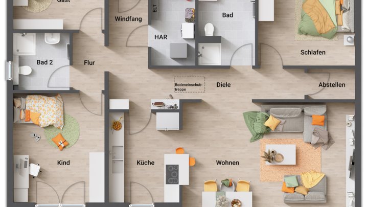 NEUBAUPROJEKT: BUNGALOW AUF 586 M² GROßEM, EBENEM GRUNDSTÜCK